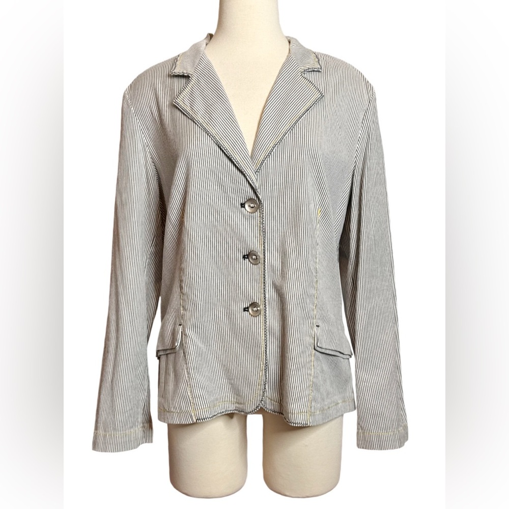 Chico's Size‎ 2 Blue and White Striped Blazer with yellow stiching. Large